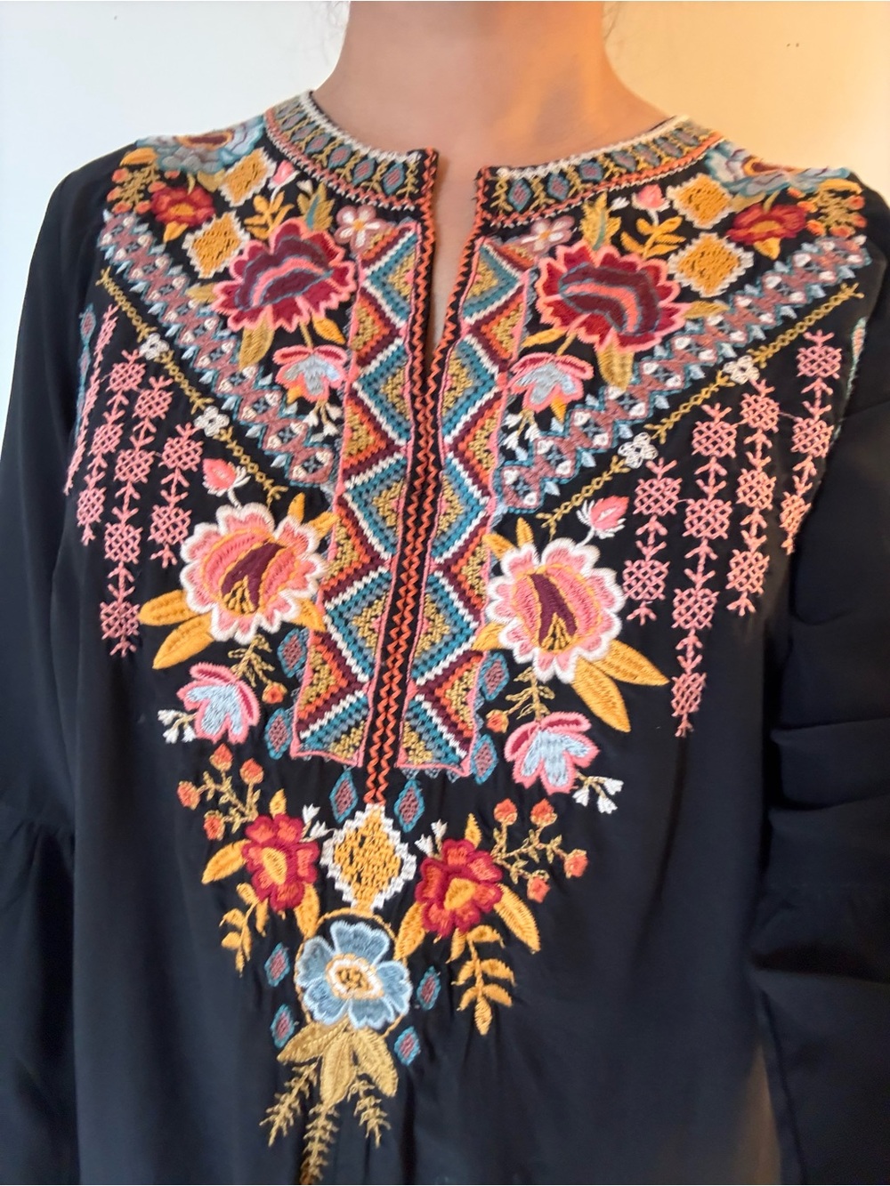 Johnny was Black Embroidered Boho Tunic Dress with Multicolor Floral boho